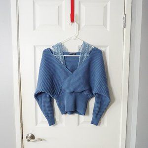 2/$18 - Shein Dusty Blue  Long Sleeve Cold Shoulder Wrap Sweater